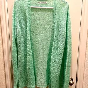 Sequin mint green long line open front cardigan